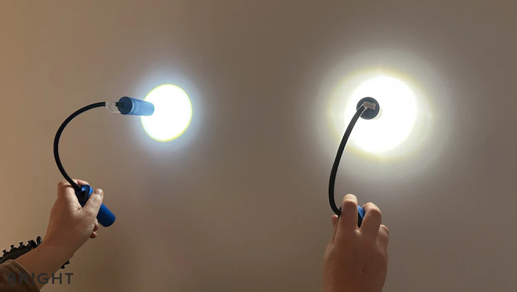 BRIGHT solar lamps typically use LEDs that operate at 5500 to 6000 K (left) and 4000 K colour temperature (right)