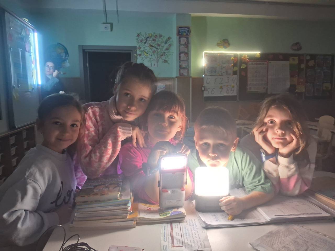 School children in Kyiv huddle around BRIGHT's Move and Sol Mid Capacity solar lamps.