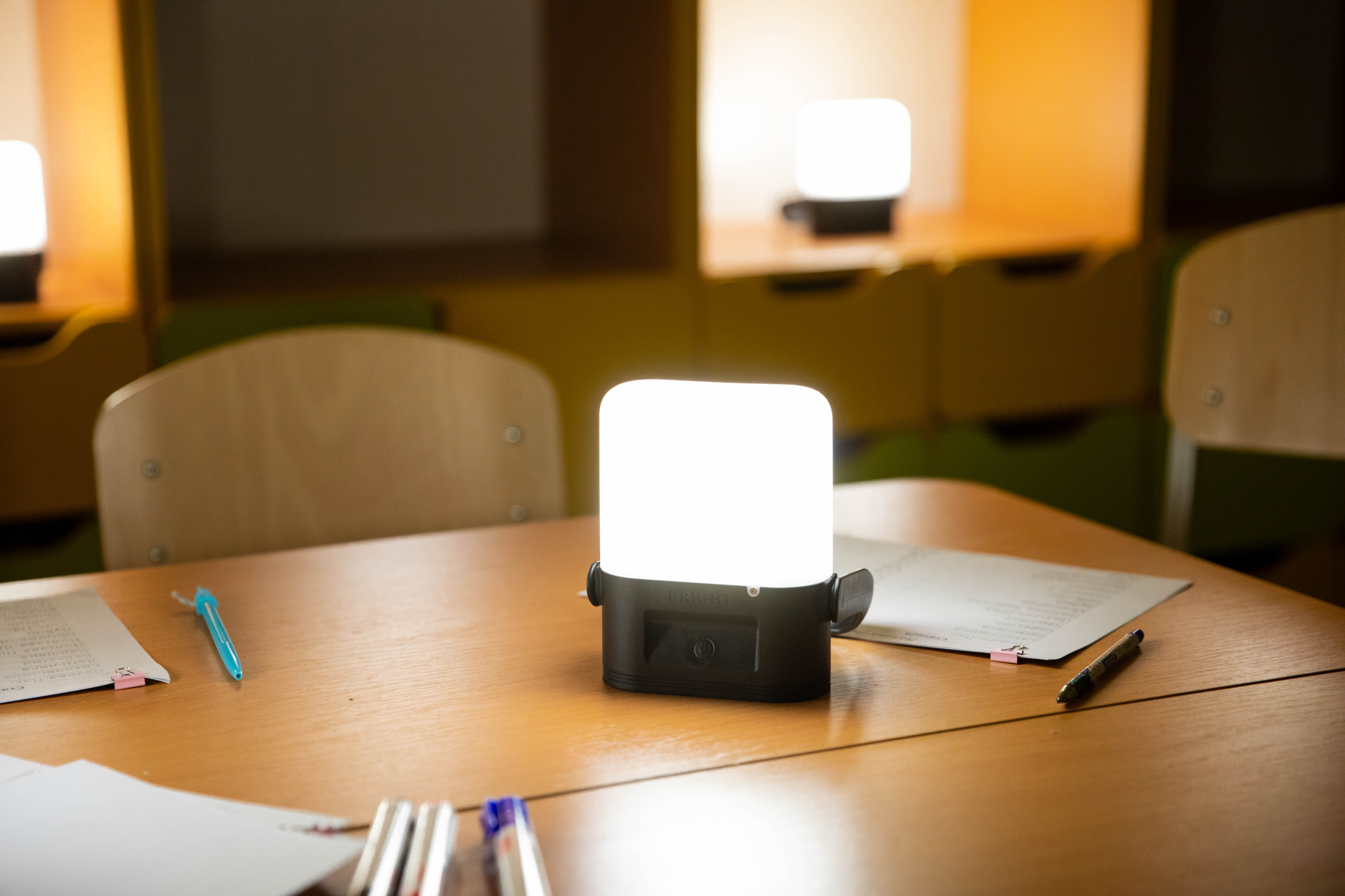 A unit of the Sol High Capacity solar lamp, which has a runtime of up to 24 days of continuous use on a single charge, sits in a shelter in Ukraine.