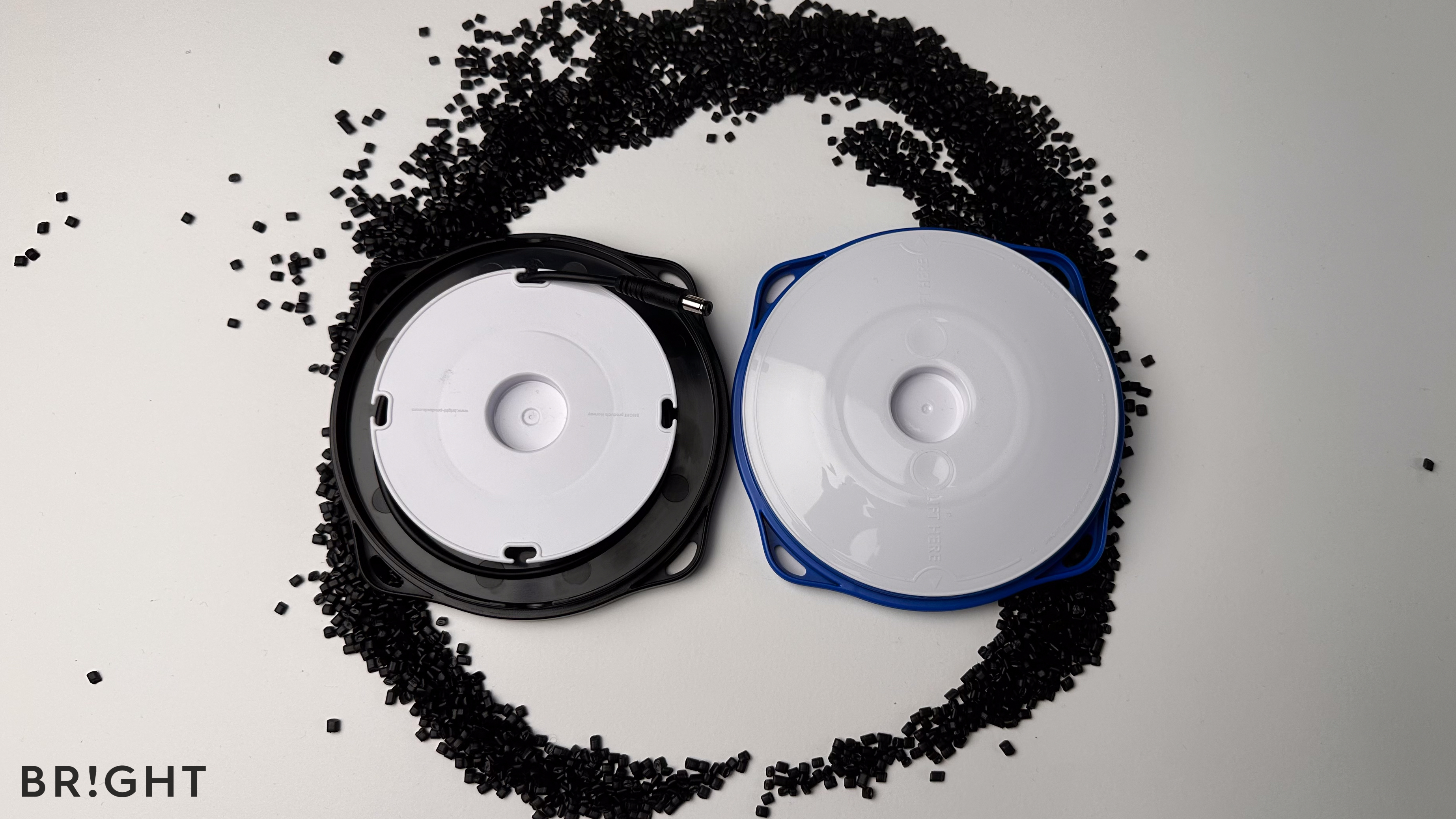 Image shows the difference in plastic use realised from design optimastions to the SunBell solar lamp which resulted in up to 19% reduction in plastic use.